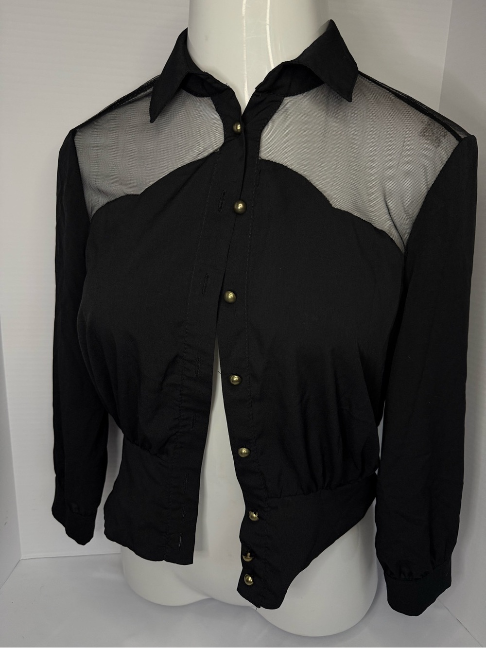 Black Sheer Yoke Button-Front Blouse